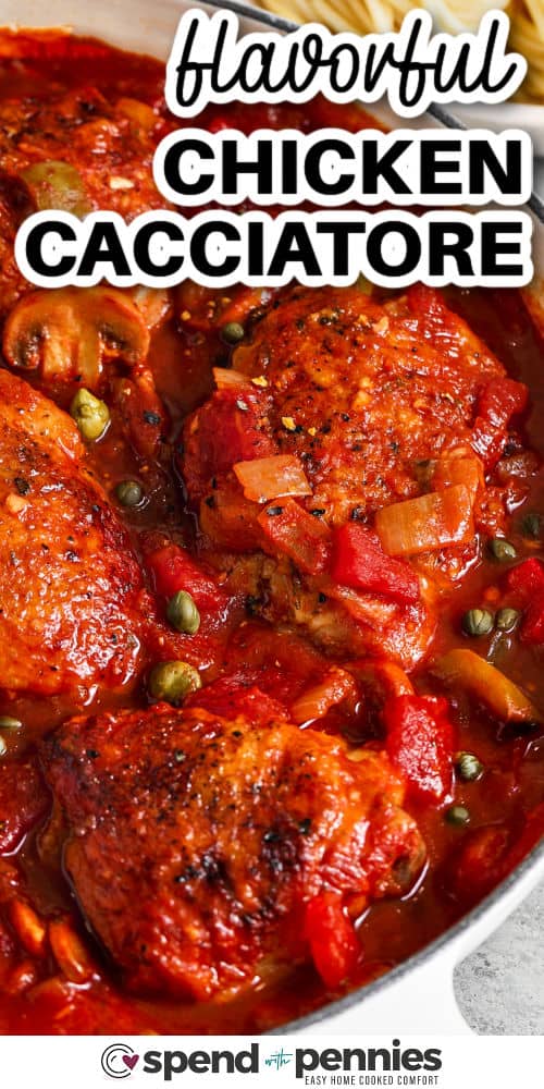 flavorful Chicken Cacciatore in a pot with a title