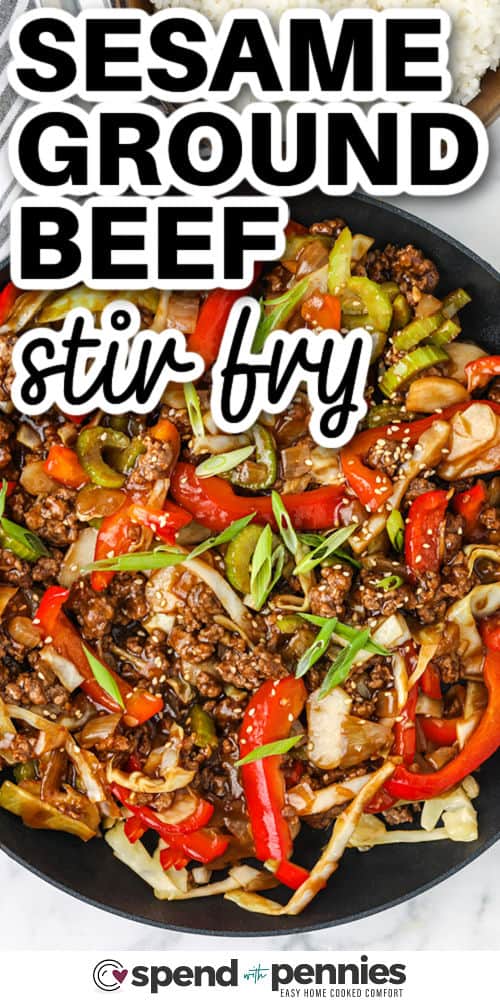 easy Sesame Ground Beef Stir Fry in the pan with a title