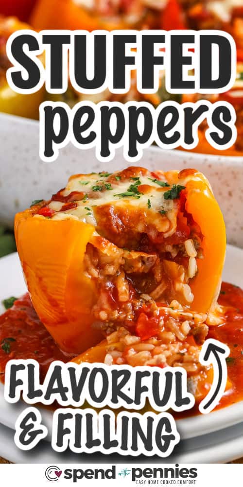 flavorful Stuffed Peppers with writing