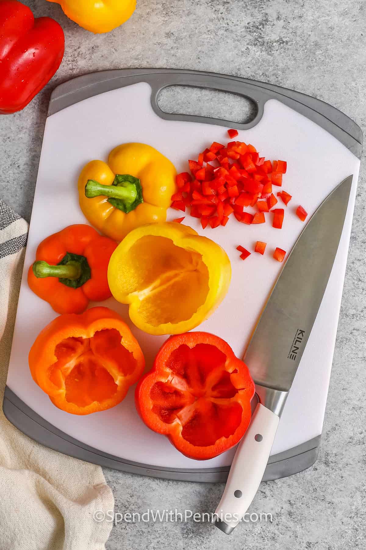 slicing peppers to make Stuffed Peppers