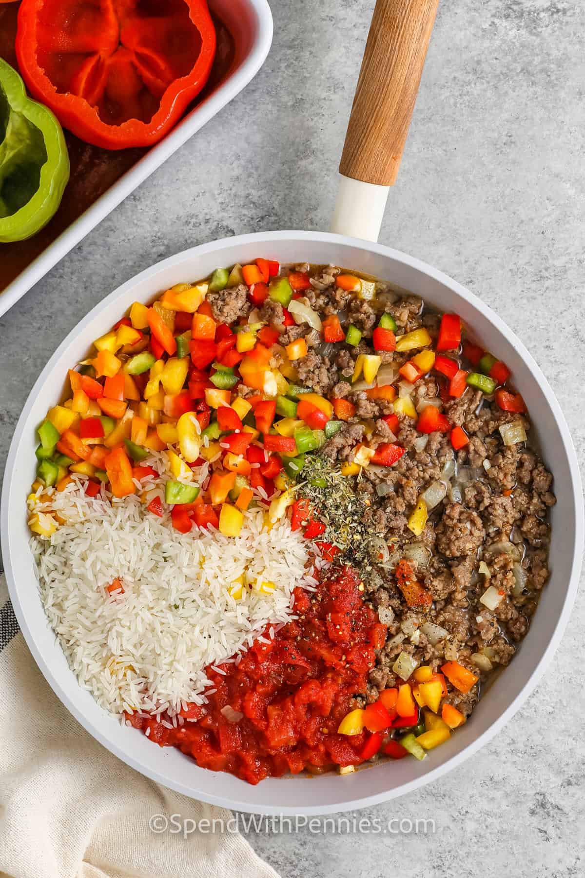 ingredients in a pan to make Stuffed Peppers filling