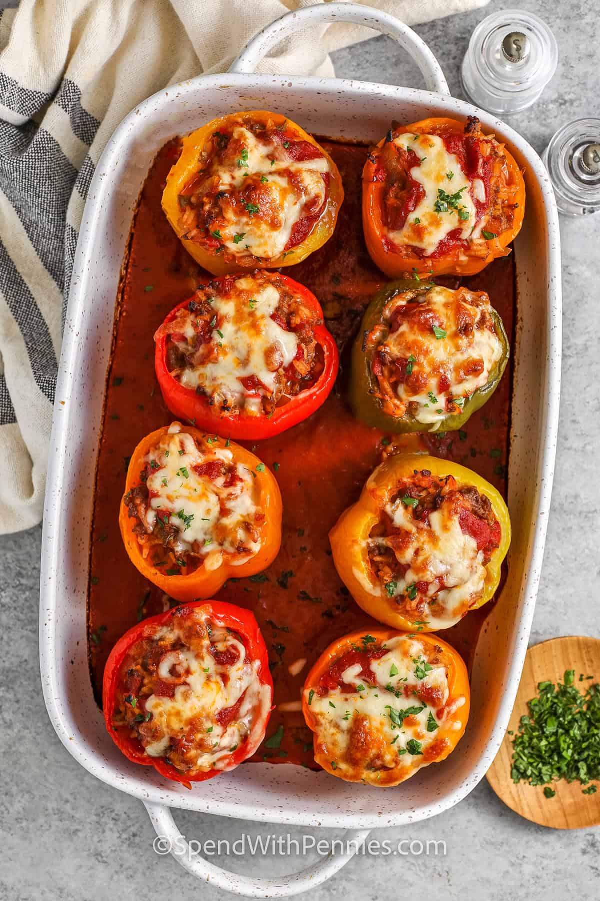 cooked Stuffed Peppers in a baking dish