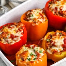 cheesy Stuffed Peppers in a baking dish