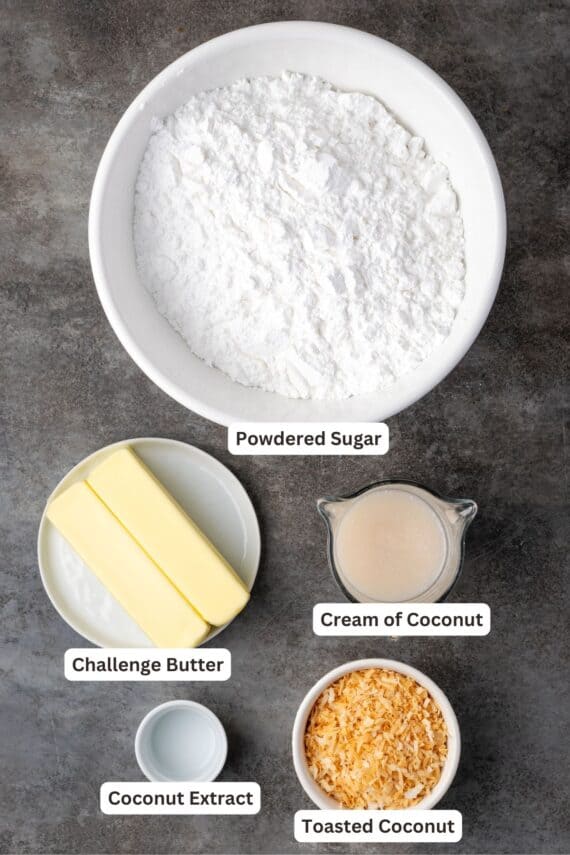 Ingredients for coconut buttercream frosting with text labels overlaying each ingredient.