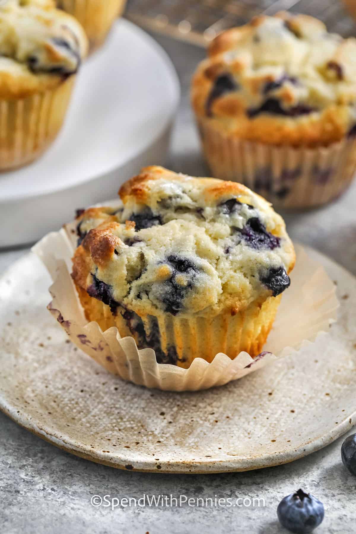 Blueberry Muffins with one on a plate with wrapper taken off