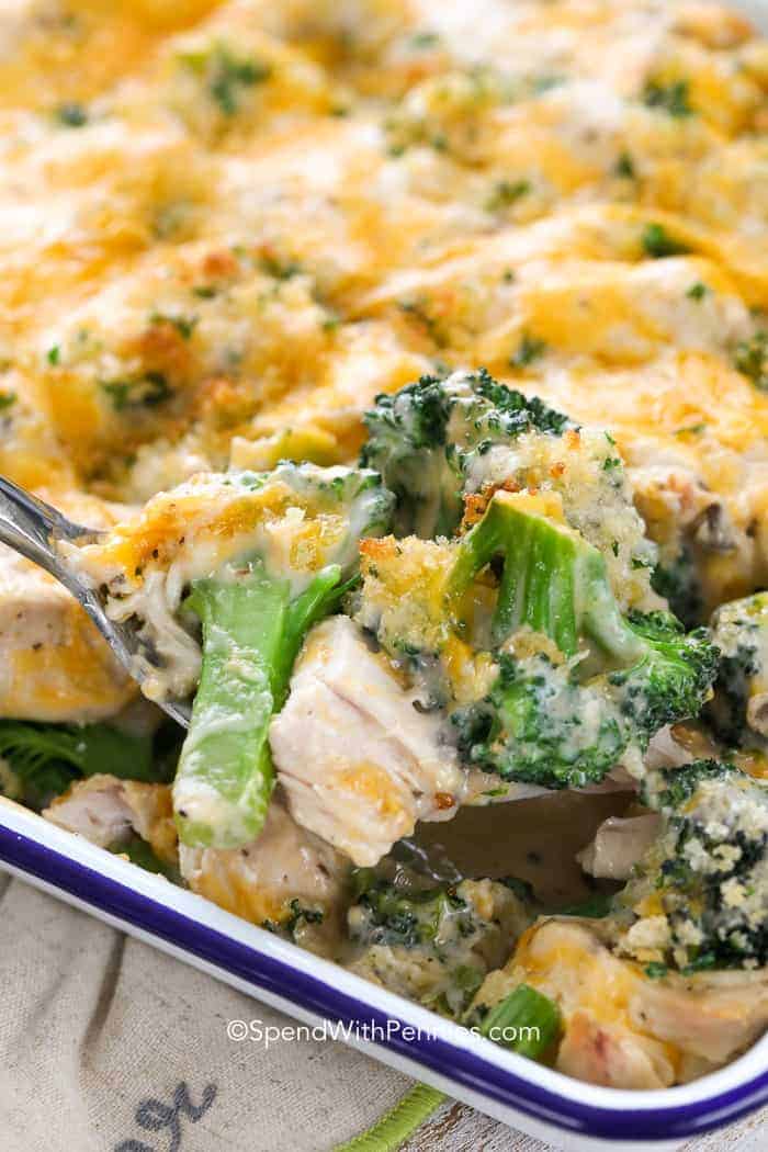 Casserole dish of Chicken Divan with fork