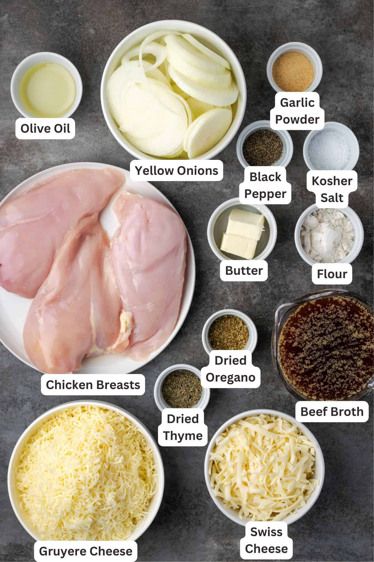 French onion chicken ingredients with text labels overlaying each ingredient.