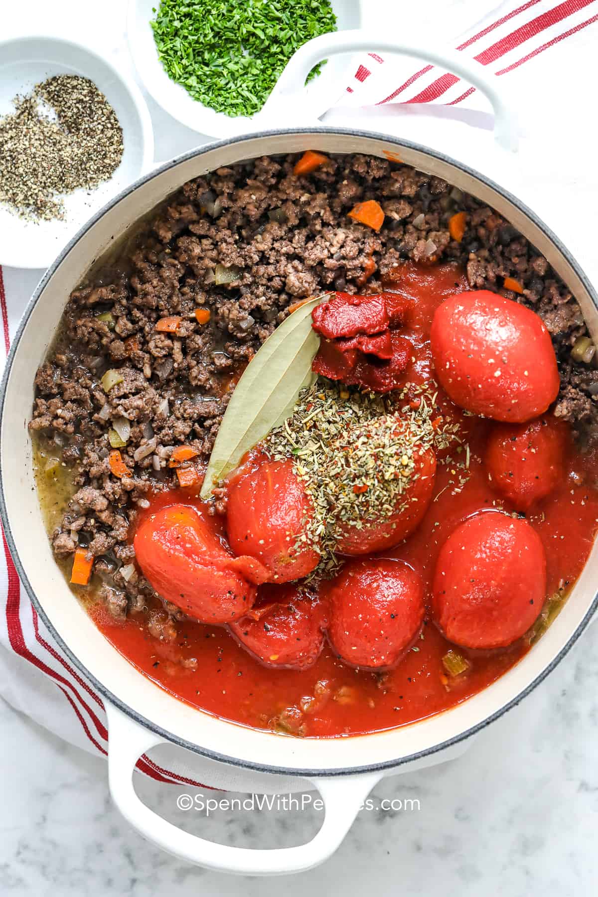 bolognese ingredients in a dutch oven