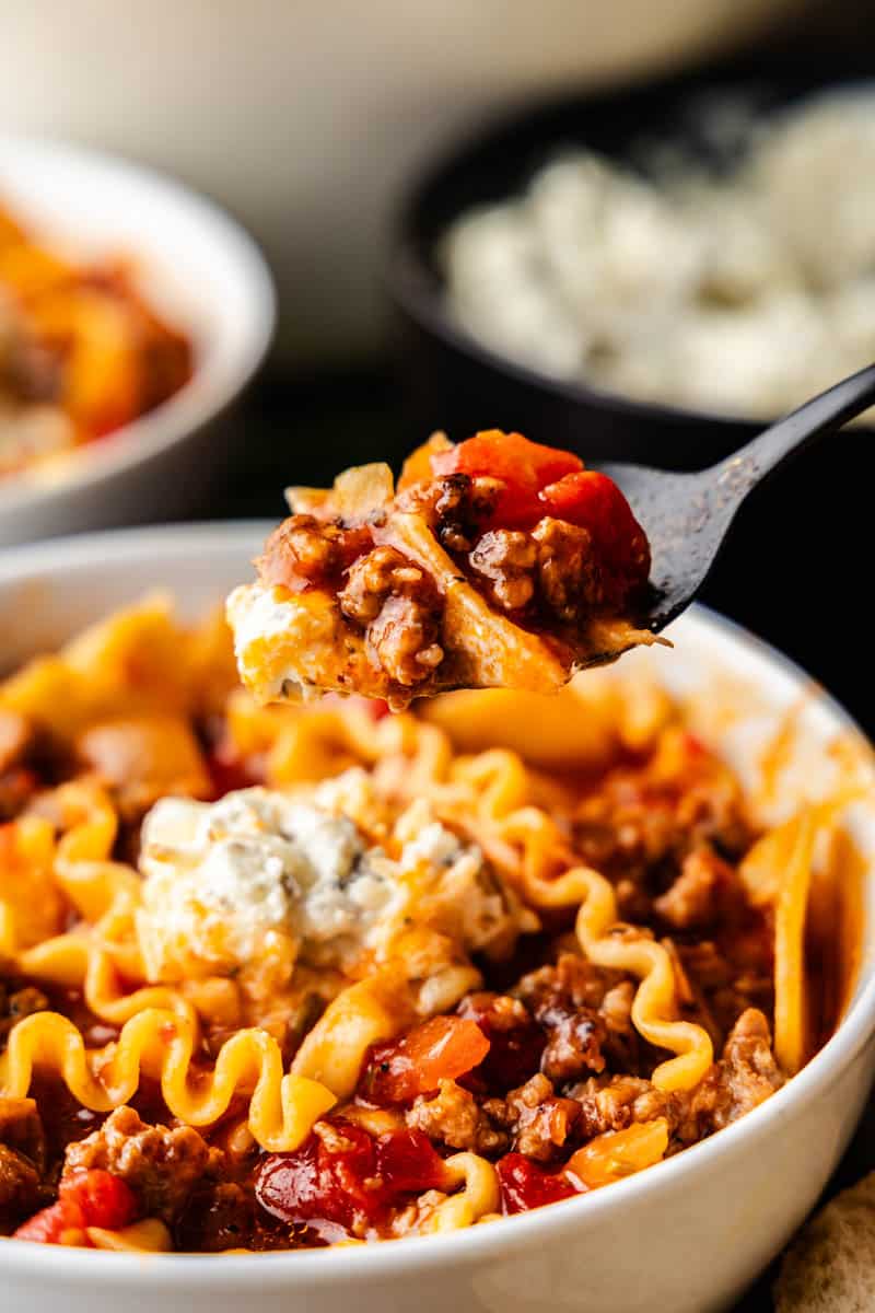 A close up view of a spoonful of lasagna soup being spooned out of a bowl.