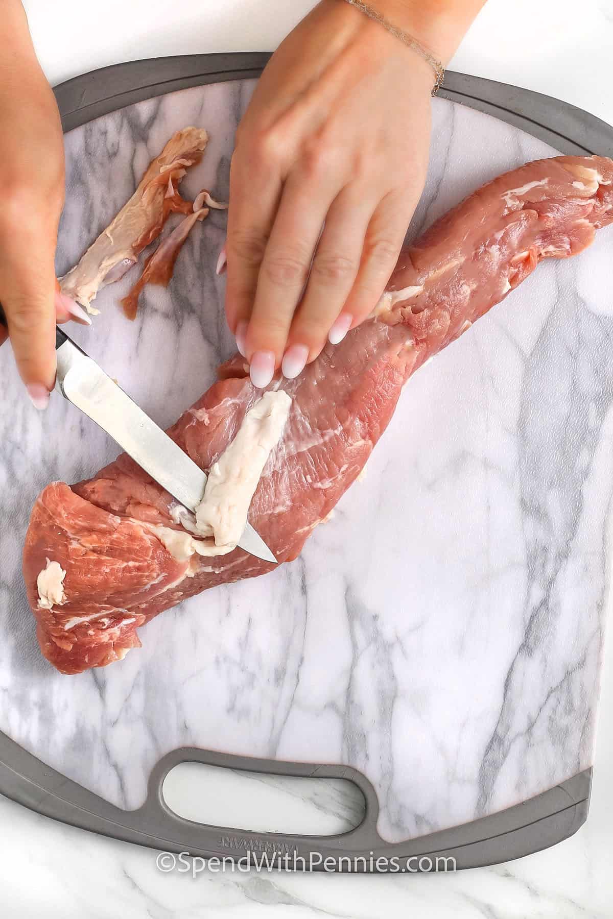 close up showing How to Remove Silverskin from Pork Tenderloin