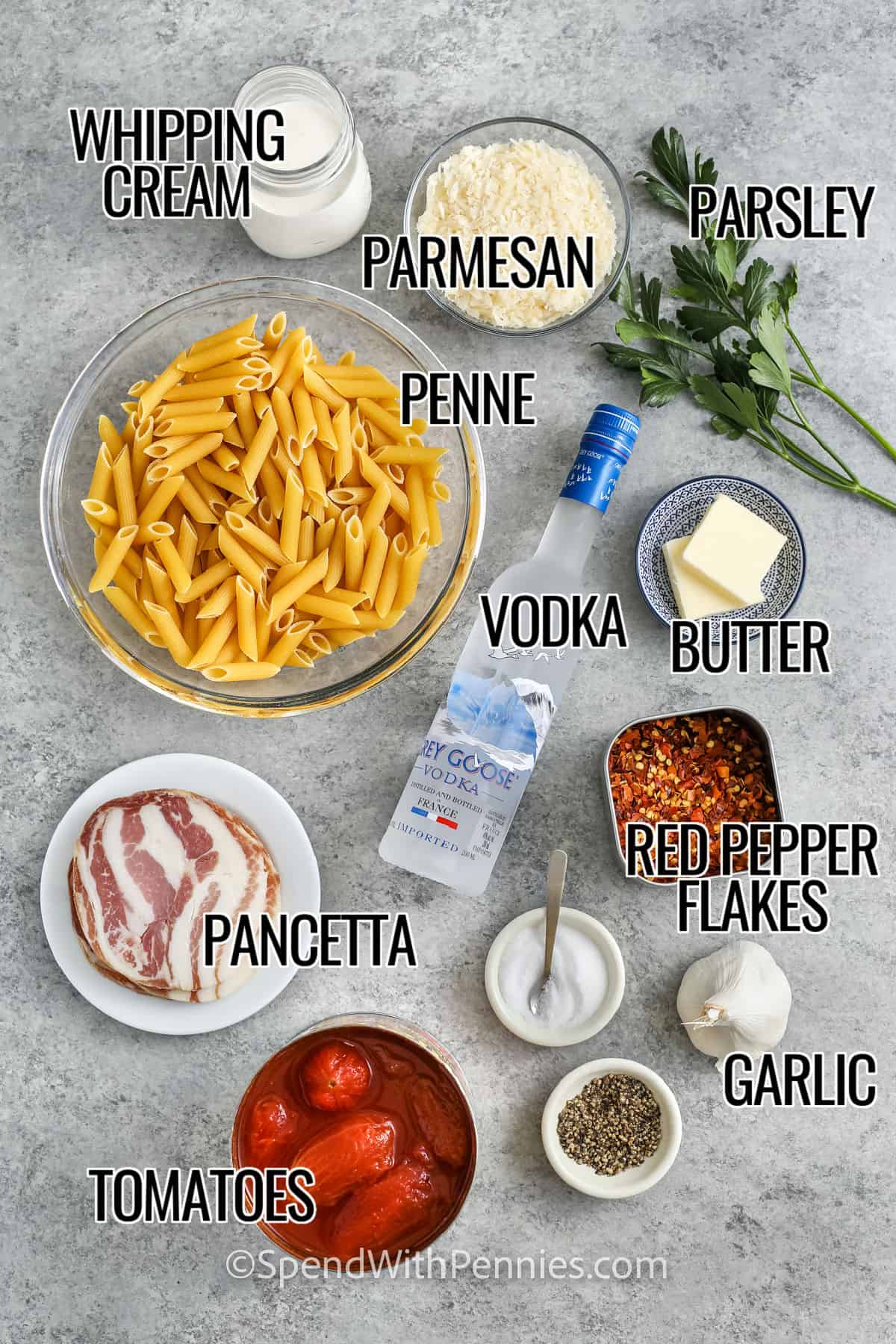 whipping cream , parmesan , parsley , penne , vodka , butter , pancetta , tomatoes , garlic , red pepper glakes , salt and pepper with labels to make Penne alla Vodka