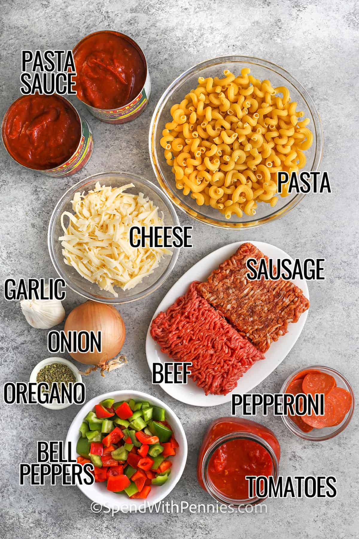 pasta sauce , pasta , cheese , sausage , beef , garlic , onion , oregano , bell peppers , pepperoni and tomatoes with labels to make Pizza Pasta