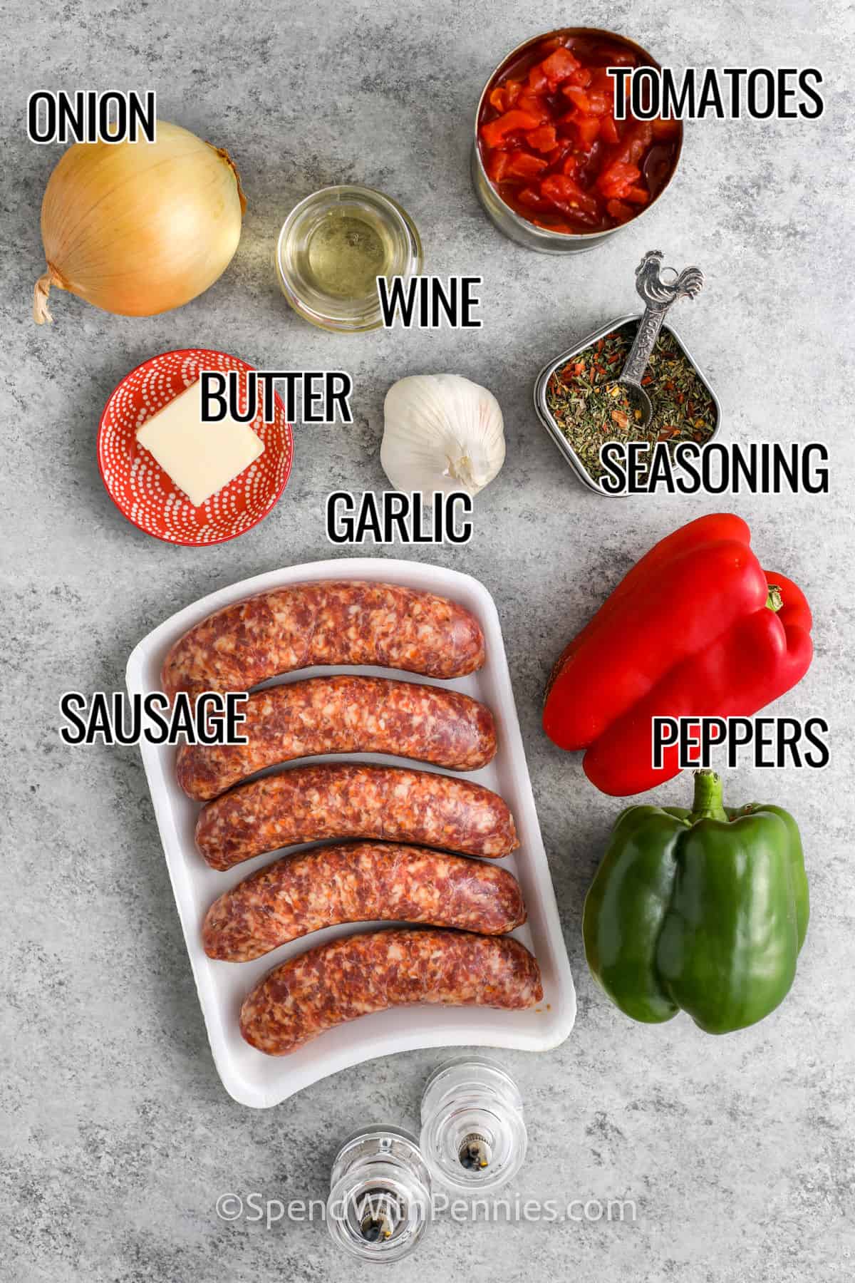 tomatoes , onion , wine , butter , garlic , seasonings , peppers and sausage with labels to make Sausage and Peppers