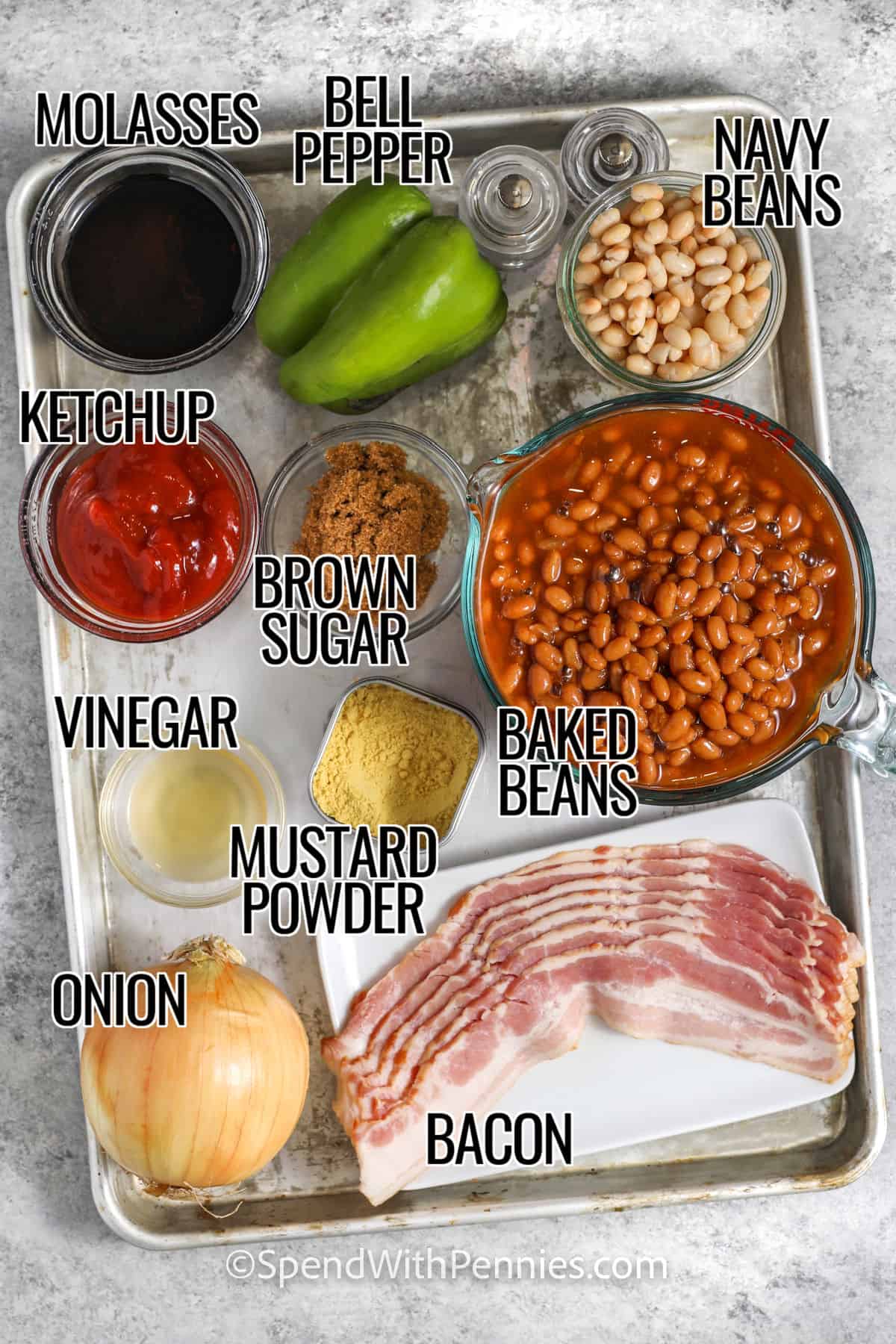 molasses , bell pepper , navy beans , brown sugar , ketchup , baked beans , mustard powder , vinegar , onion , bacon with labels to make Slow Cooker Baked Beans