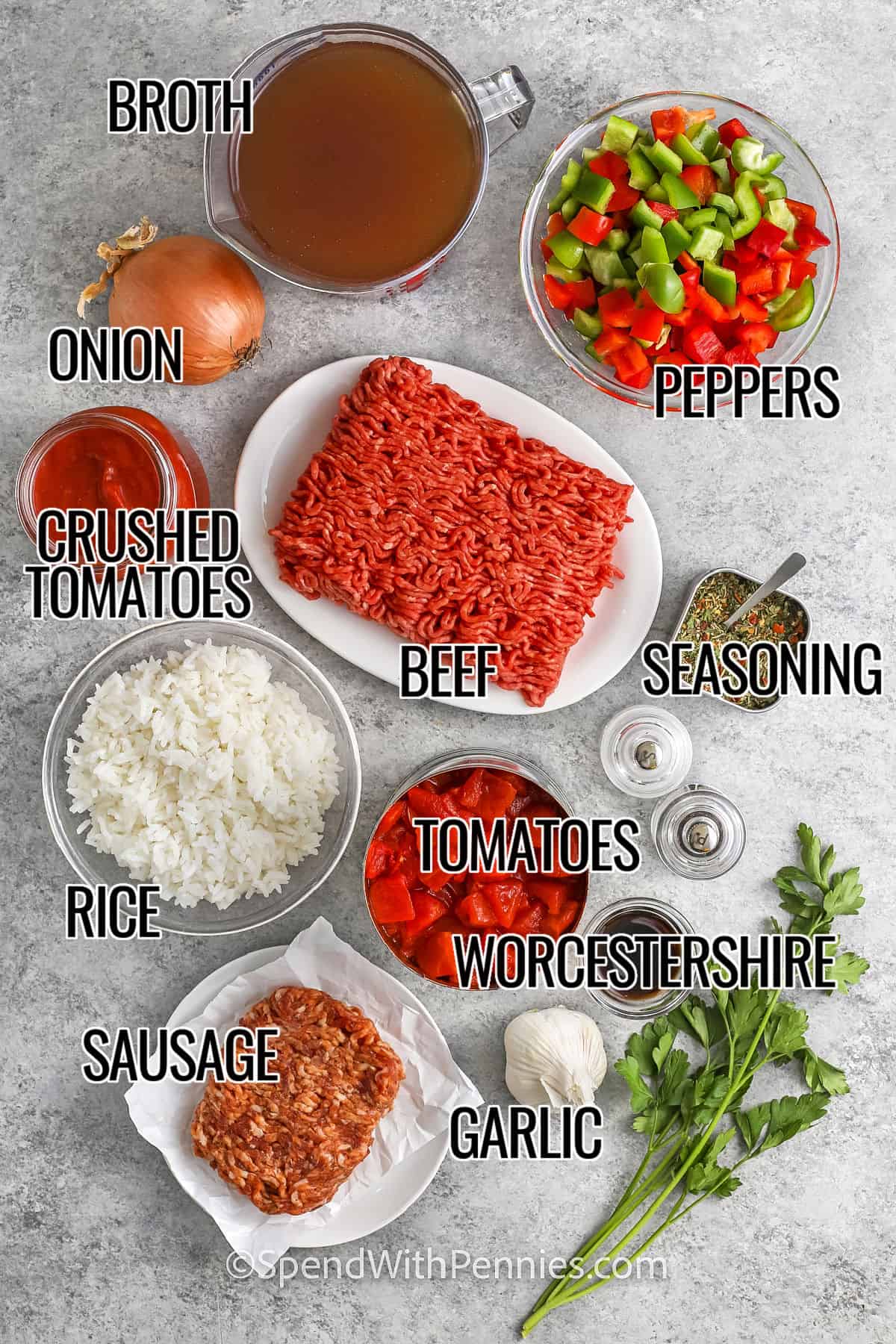 broth , pepper , onion , crushed tomatoes , beef , seasoning , tomatoes , worcestershire sauce , rice , sausage , garlic with labels to make Stuffed Pepper Soup