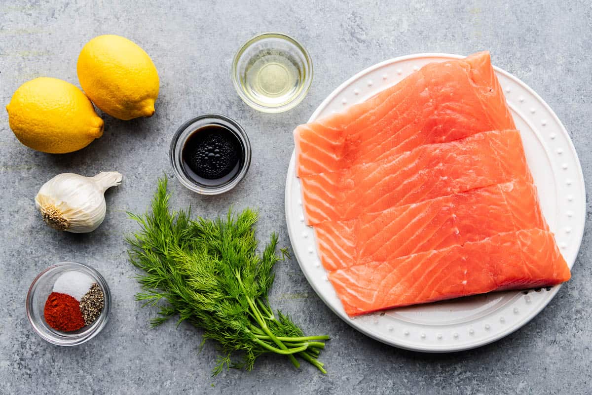 An overhead view of the ingredients needed to make air fryer salmon bites.