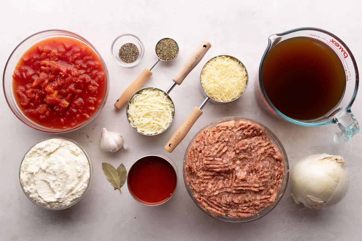 An overhead shot of ingredients for Homemade Lasagna Soup.