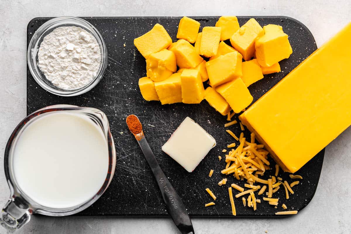 top view of raw ingredients needed to make homemade nacho cheese sauce