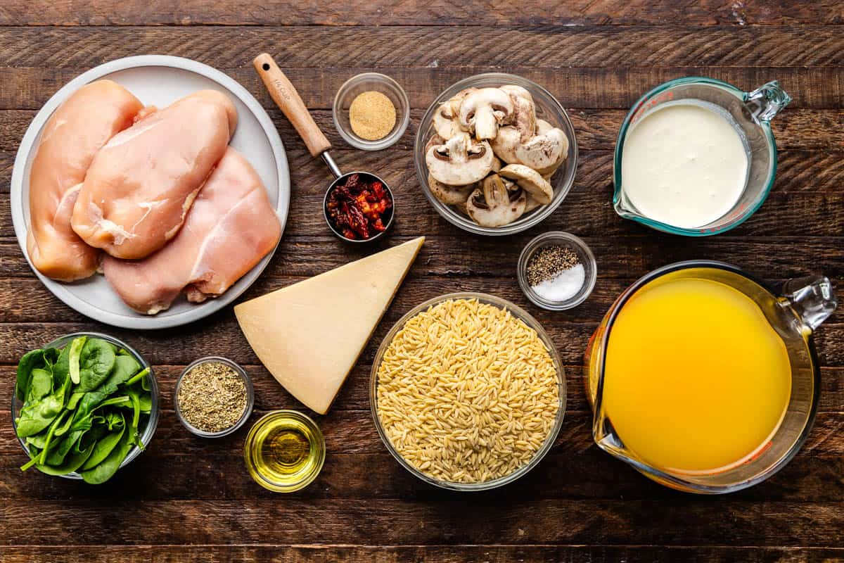 An overhead shot of ingredients for One Pot Italian Pasta Orzo