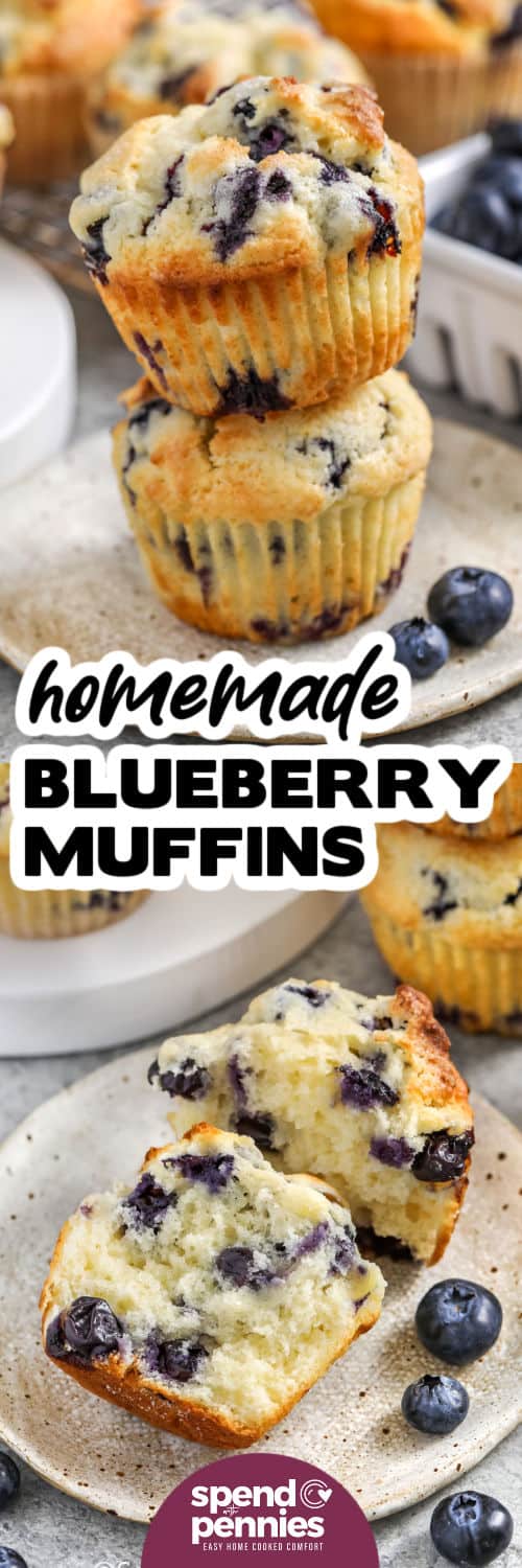 plated Blueberry Muffins in a stack and one in half with a title