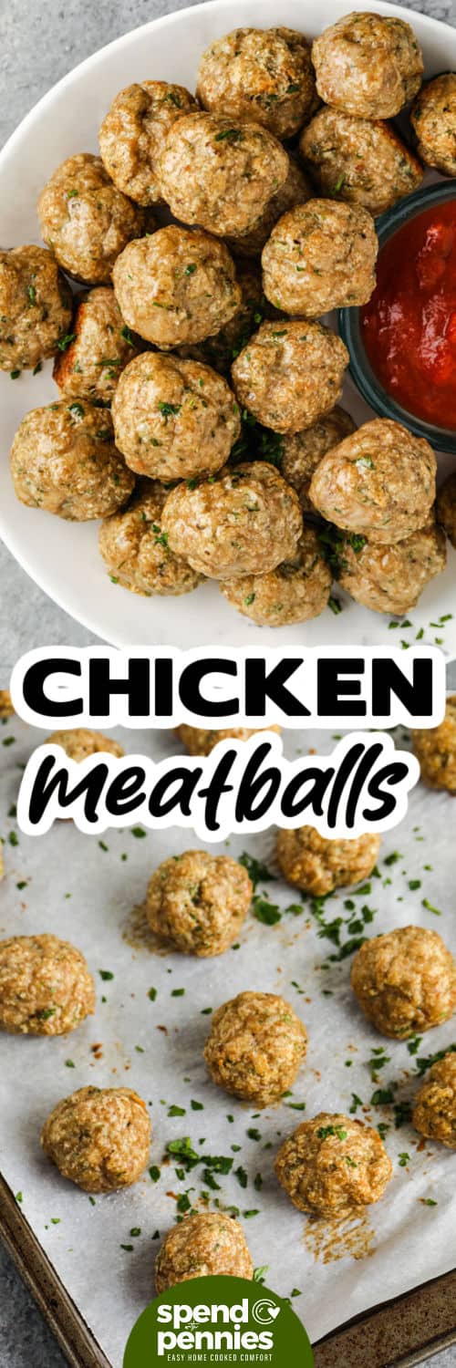 Chicken Meatballs on a sheet pan and plated with a title