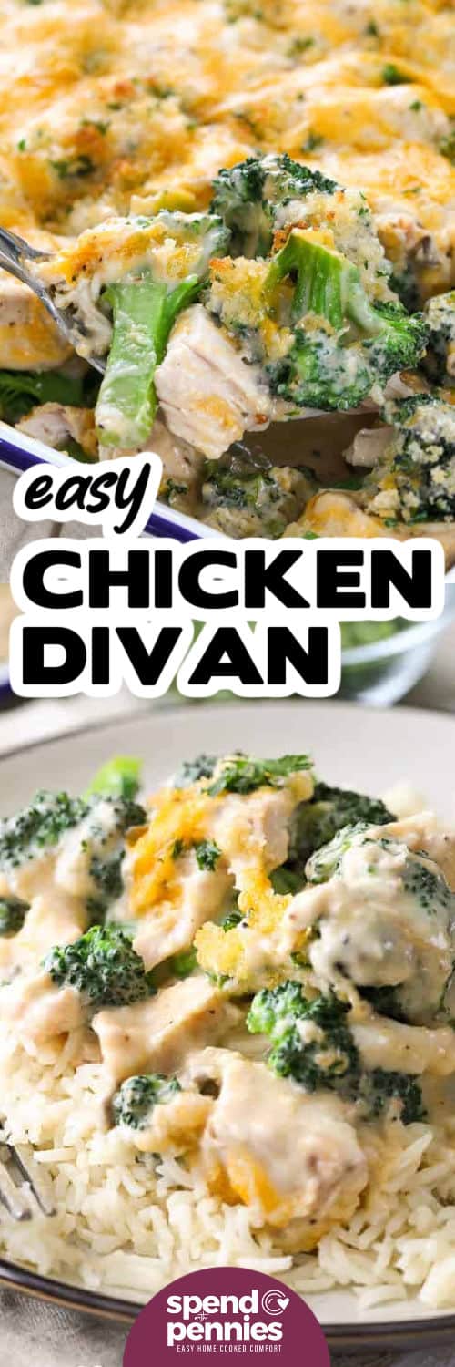 Easy Chicken Divan in the dish and on rice with a title