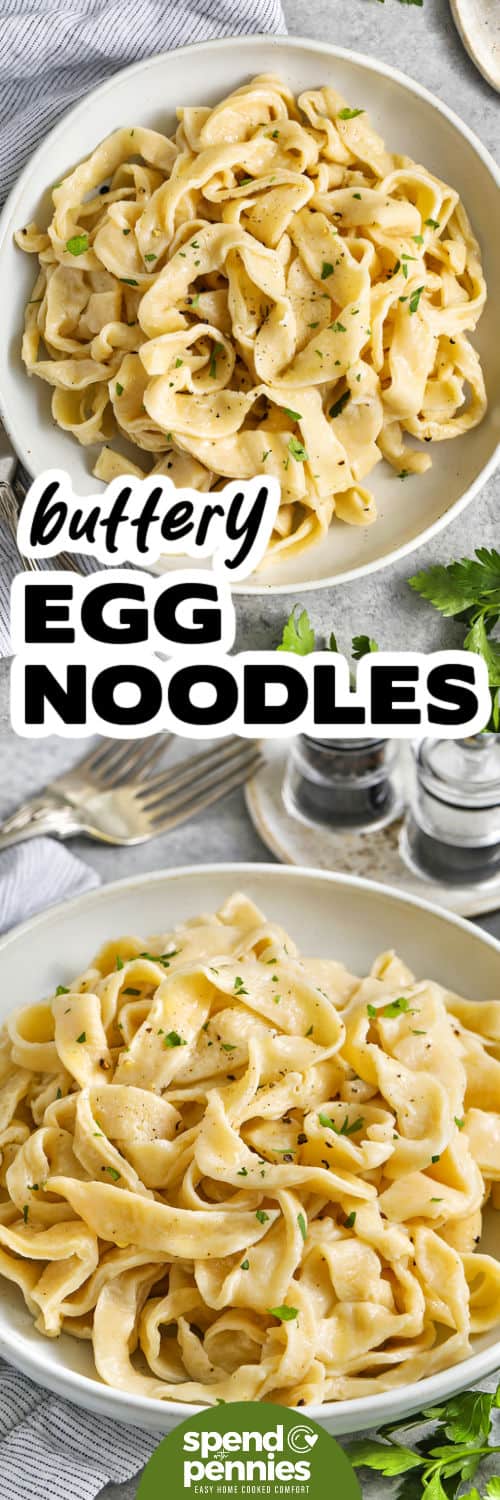 plated Egg Noodles and close up photo with a title