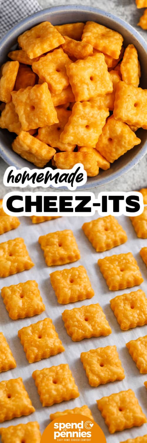 Homemade Cheez-Its on a sheet pan and in a bowl with a title