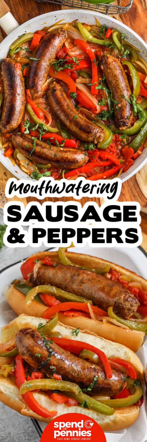 mouthrwatering Sausage and Peppers in the pan and on a hot god bun with a title