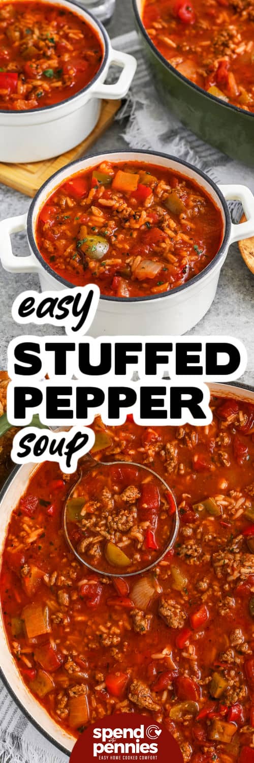 easy Stuffed Pepper Soup in the pot and in bowls