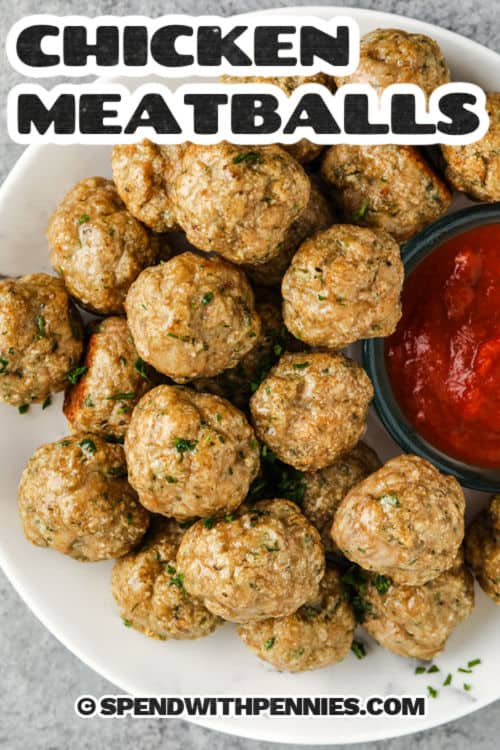 plate of Chicken Meatballs with dip and a title