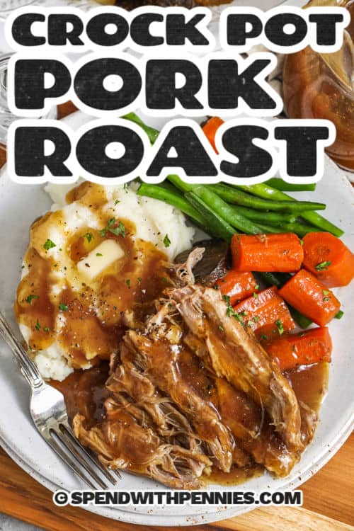 close up of plated Crock Pot Pork Roast with a title