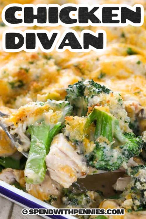 casserole dish of Easy Chicken Divan with a title