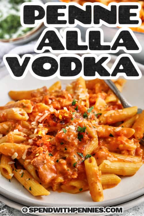 Penne alla Vodka on a plate with a title