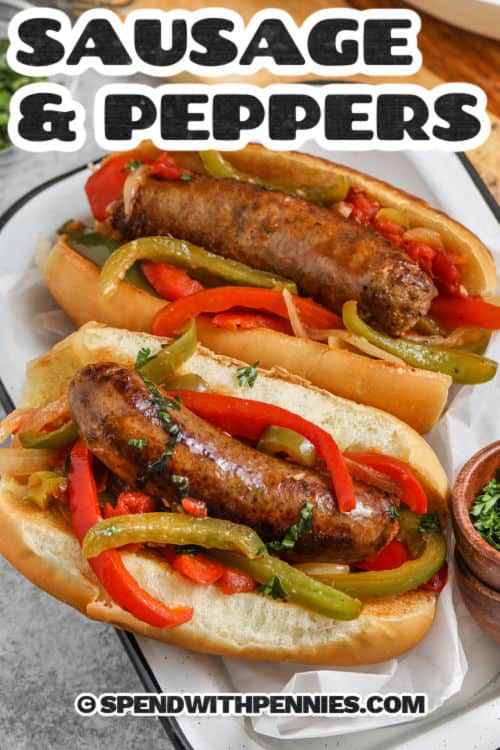 Sausage and Peppers on a hot dog bun with a title