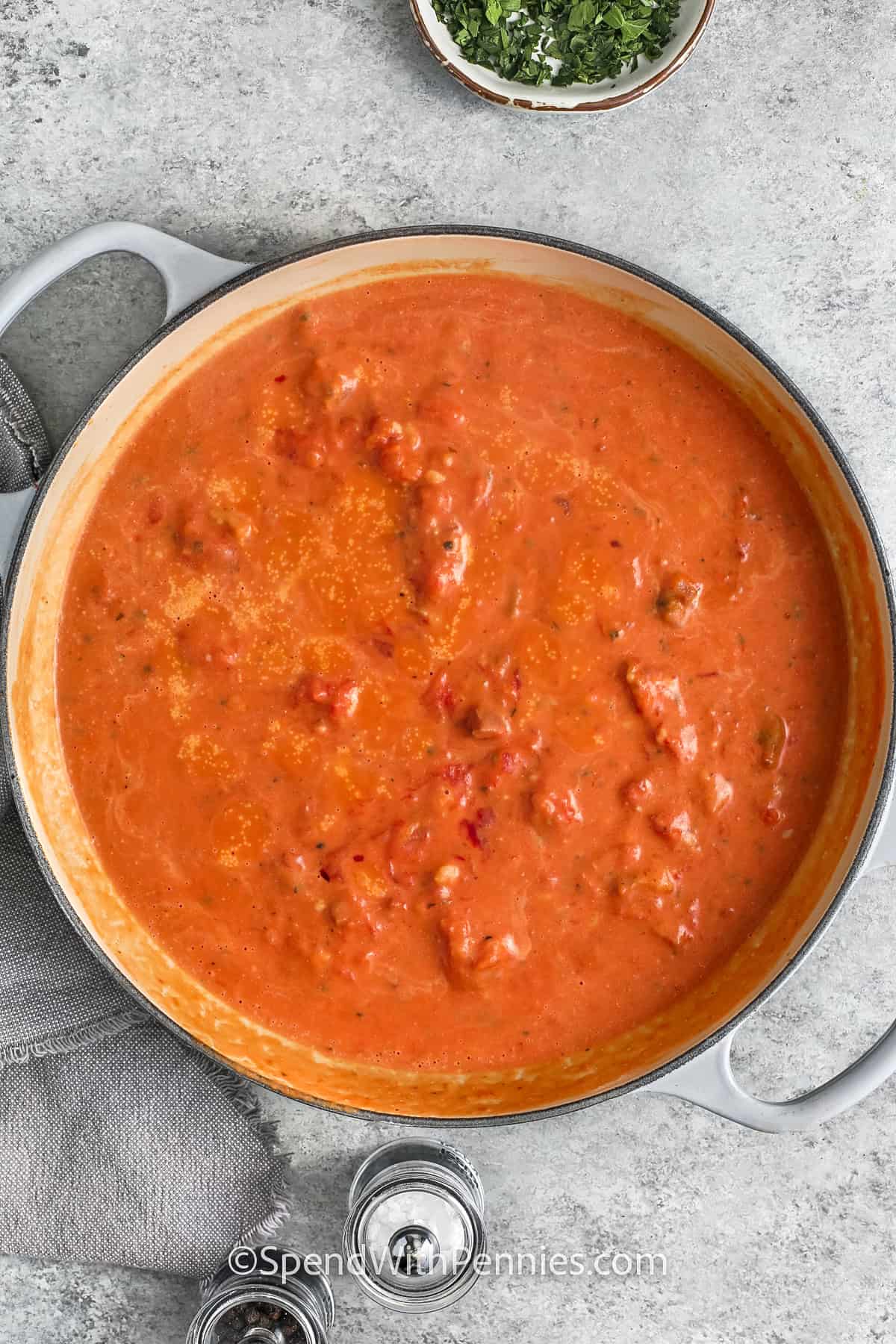 Penne alla Vodka sauce in the pan