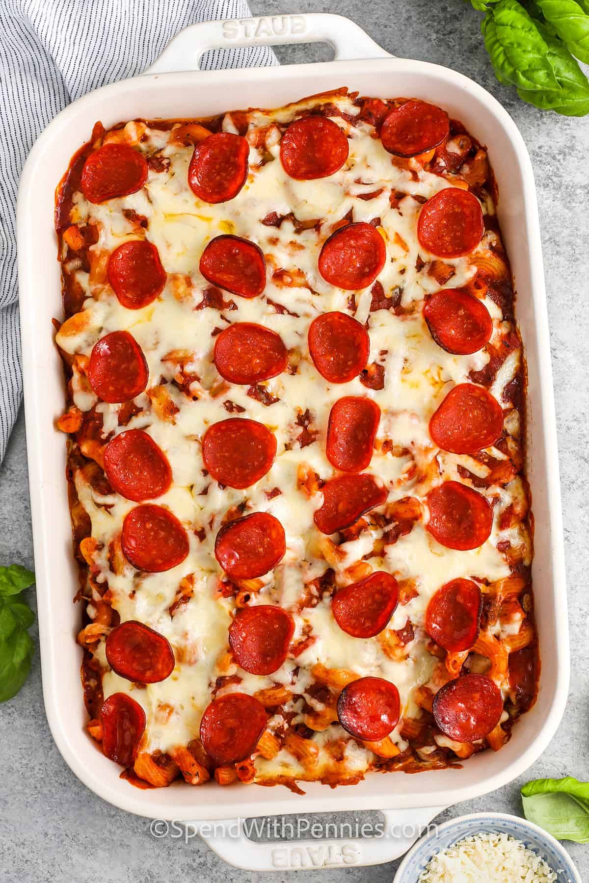 top view of Pizza Pasta in a casserole dish