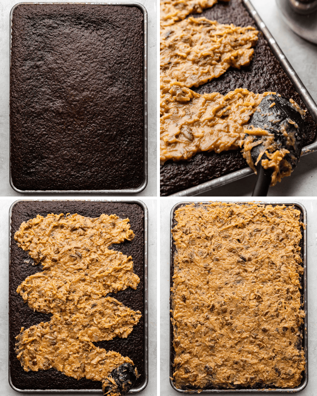 collage showing step by step how to make german chocolate sheet cake