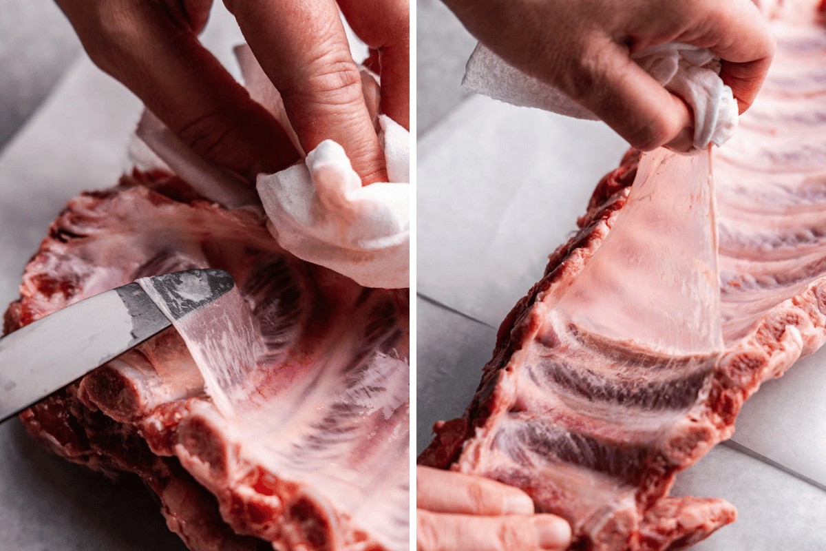 A collage of two images showing how to remove the membrane from a rack of ribs.