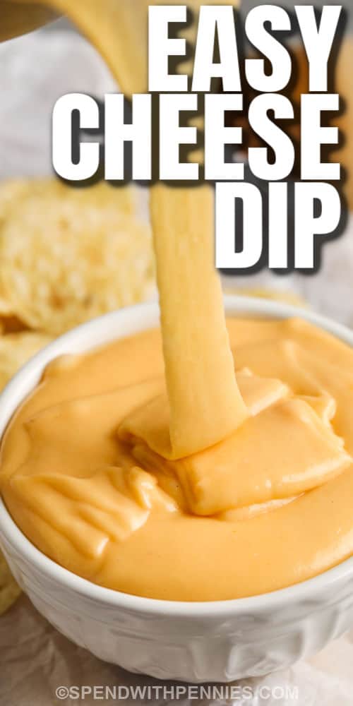 pouring Beer Cheese Dip in a bowl with writing