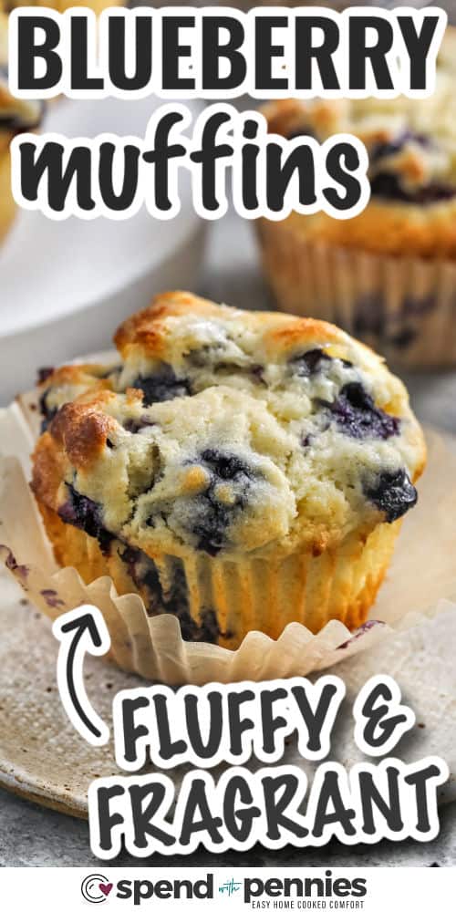 fluffy and fragrant Blueberry Muffins with writing