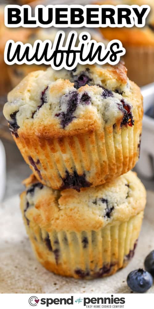 close up of a stack of Blueberry Muffins with a title