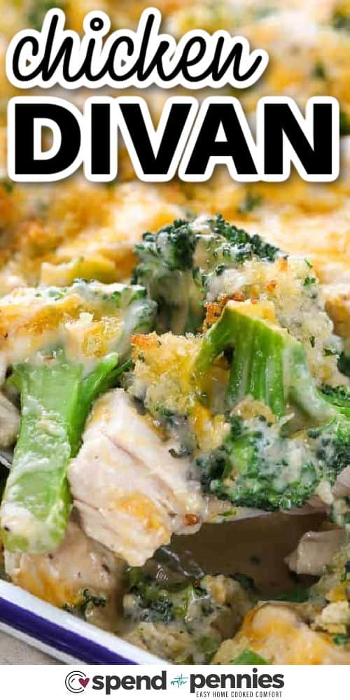 close up of a dish full of Easy Chicken Divan with a title