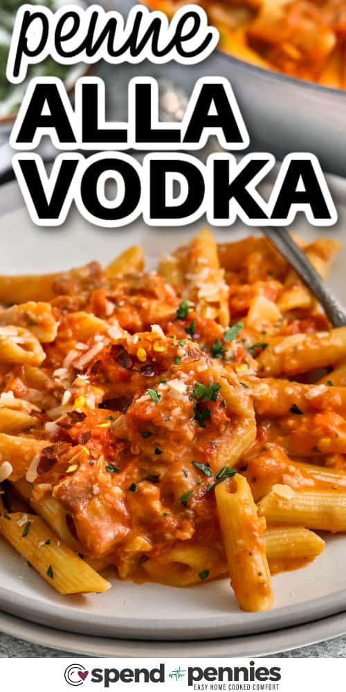 close up of Penne alla Vodka with a title