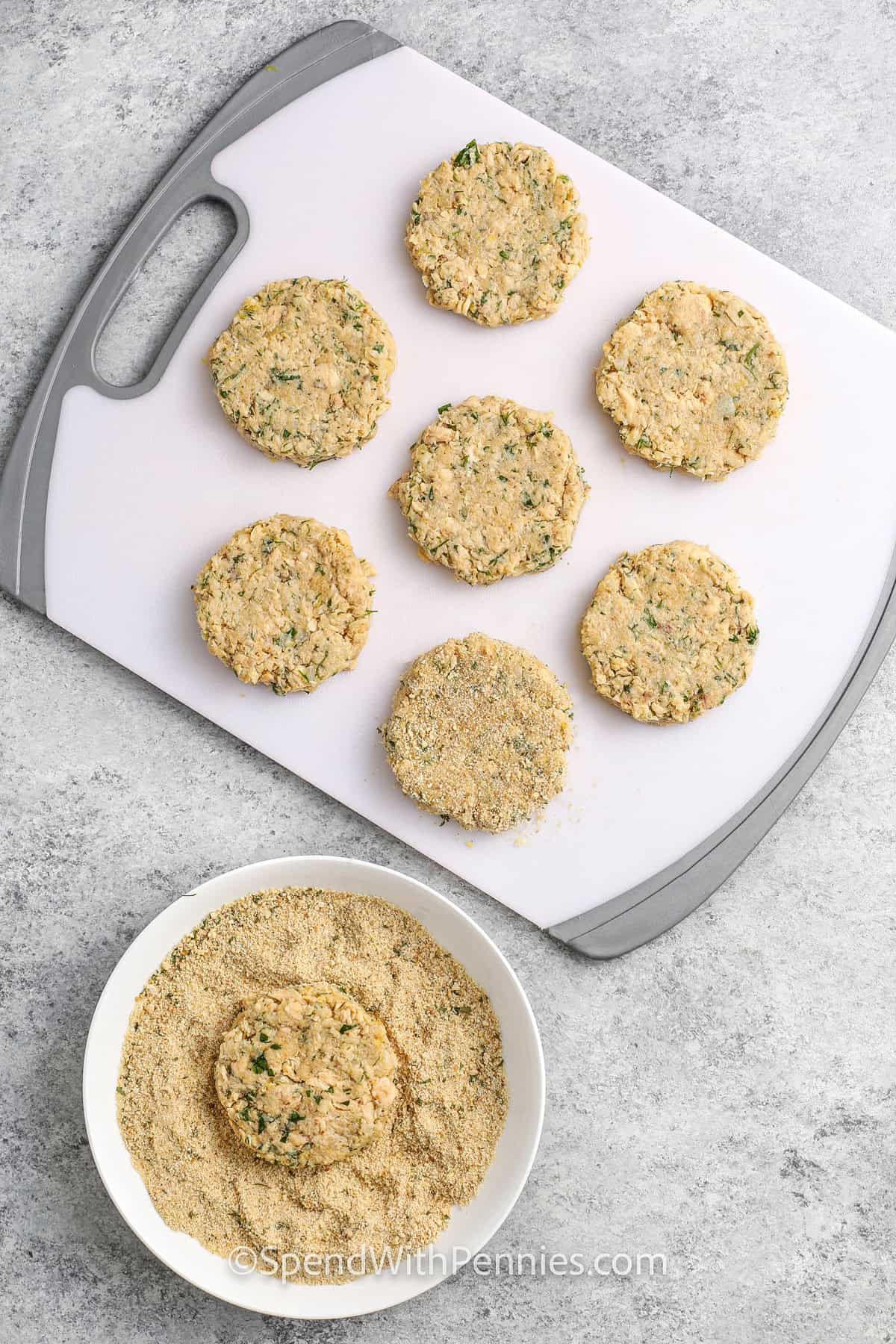 coating Salmon Patties in bread crumbs before cooking