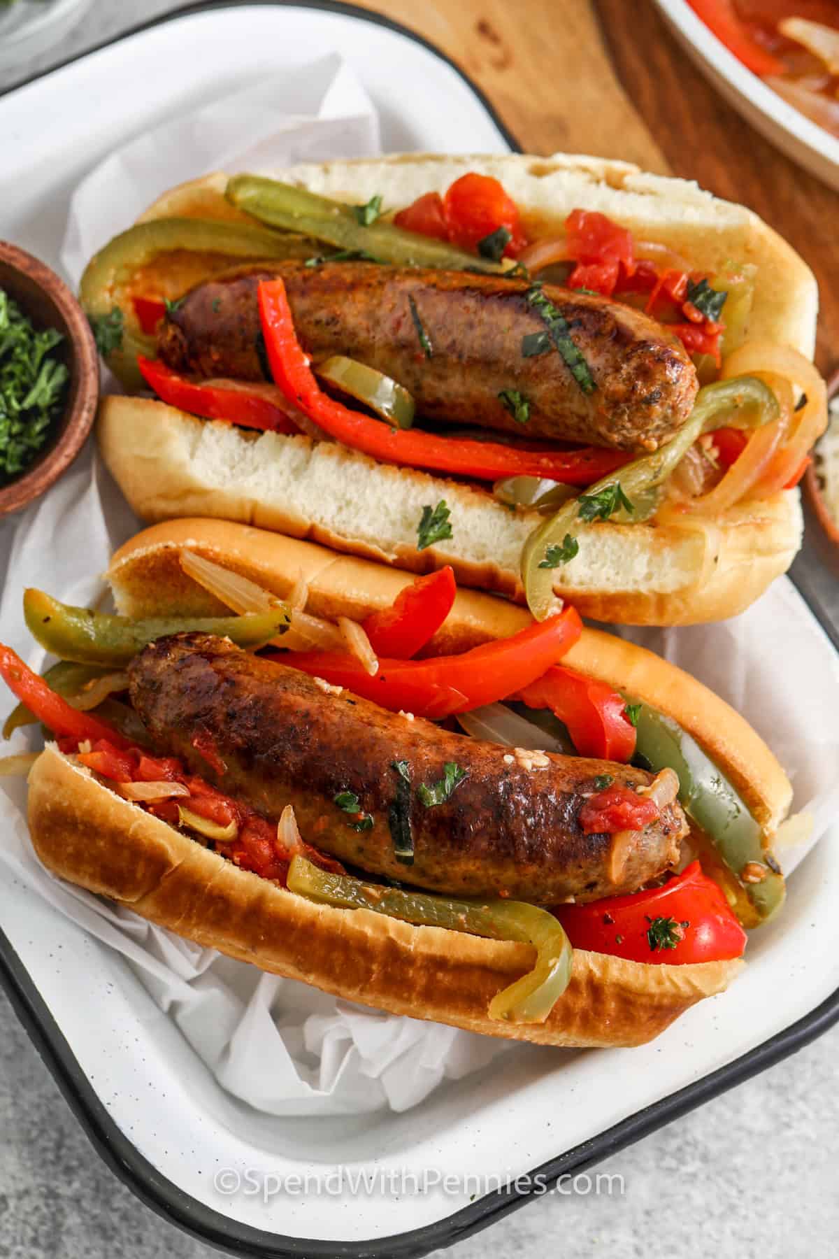 easy Sausage and Peppers in hot dog buns