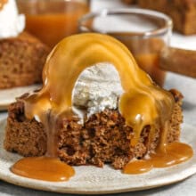 slice of Sticky Toffee Pudding with a bite taken out