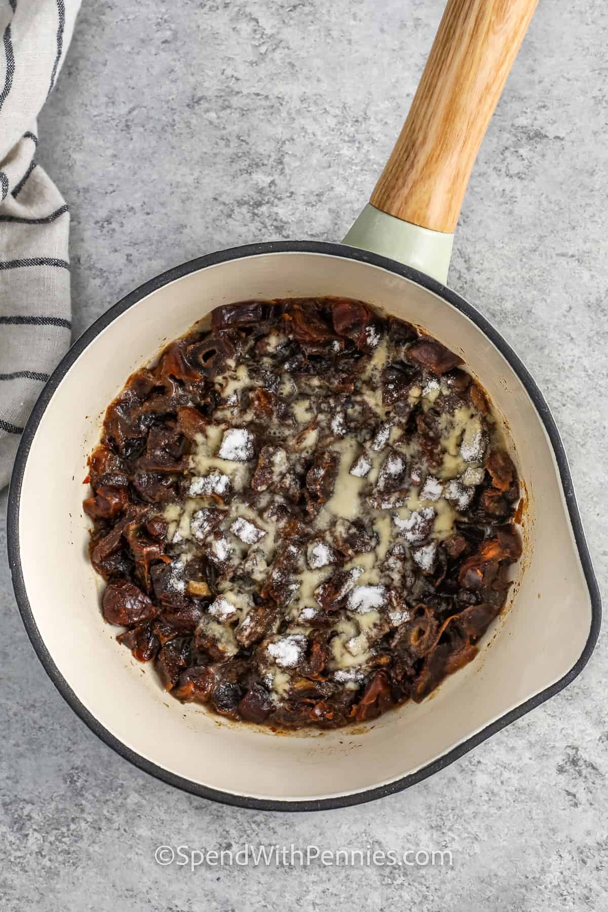 cooked dates in a pan to make Sticky Toffee Pudding