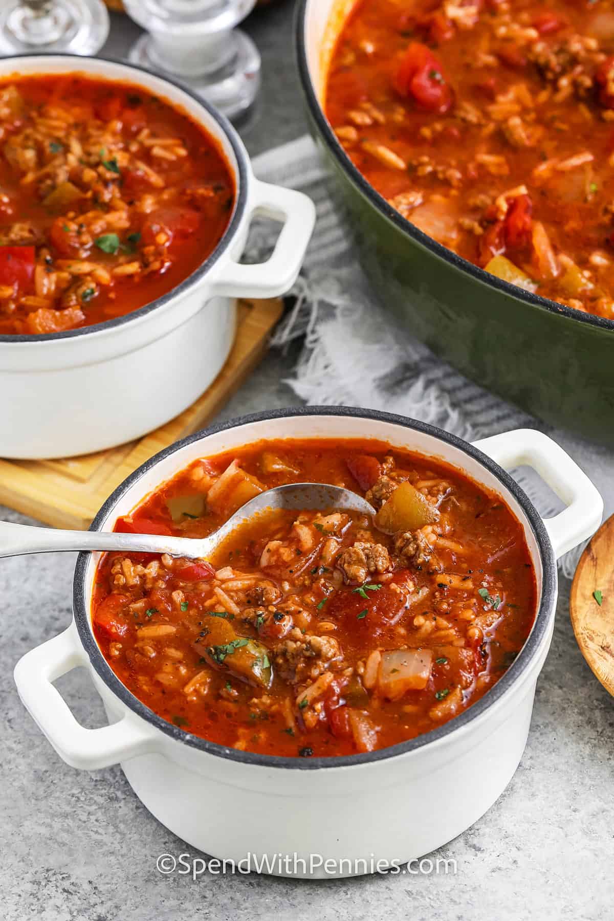 Stuffed Pepper Soup in bowls with a spoon