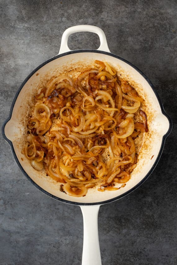 Caramelized onions in a skillet.